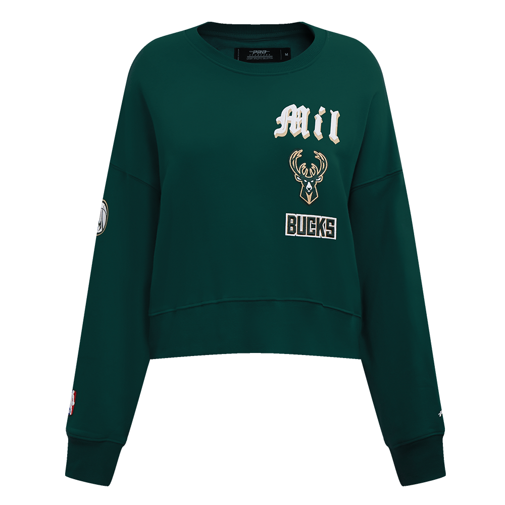 SUDADERA DE CUELLO REDONDO NBA MILWAUKEE BUCKS OLD ENGLISH PARA MUJER