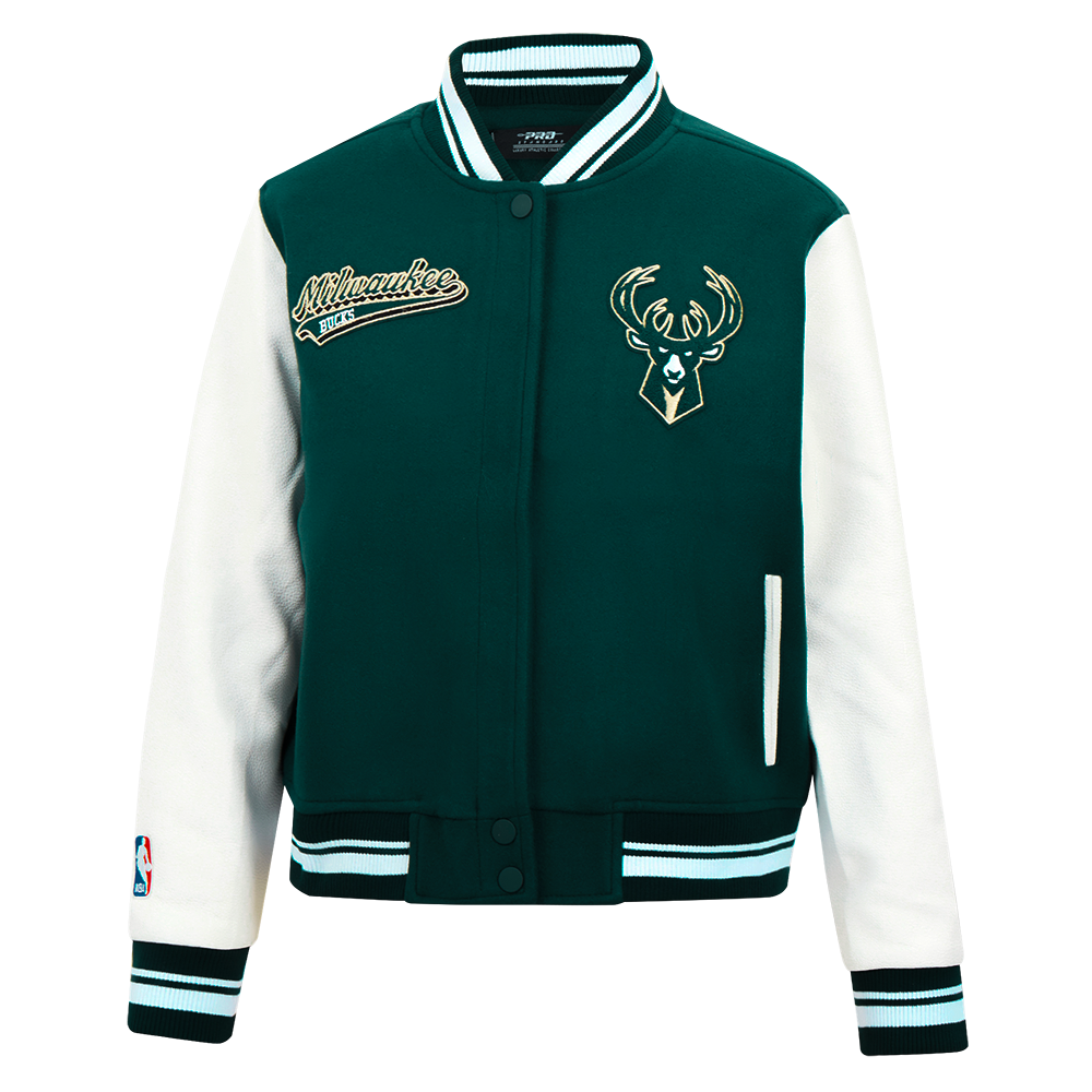 CHAMARRA UNIVERSITARIA NBA MILWAUKEE BUCKS SCRIPT TAIL PARA MUJER
