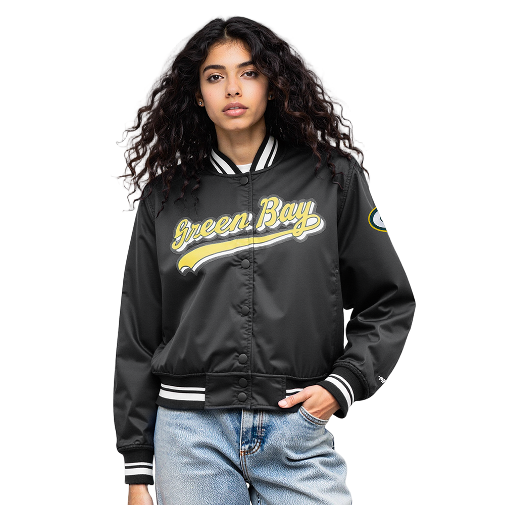 CHAMARRA DE SATÍN NFL GREEN BAY PACKERS SCRIPT TAIL PARA MUJER