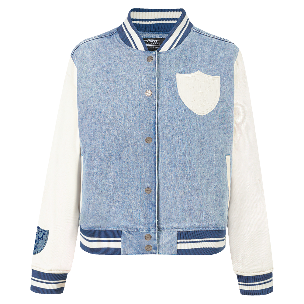 CHAMARRA DE MEZCLILLA NFL LAS VEGAS RAIDERS VARSITY BLUES PARA MUJER