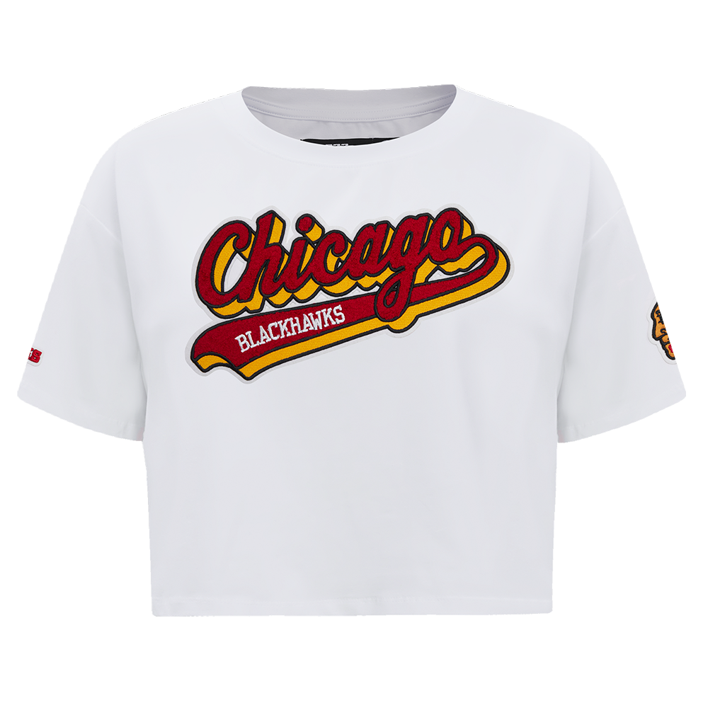 PLAYERA CROP NHL CHICAGO BLACKHAWKS SCRIPT TAIL PARA MUJER