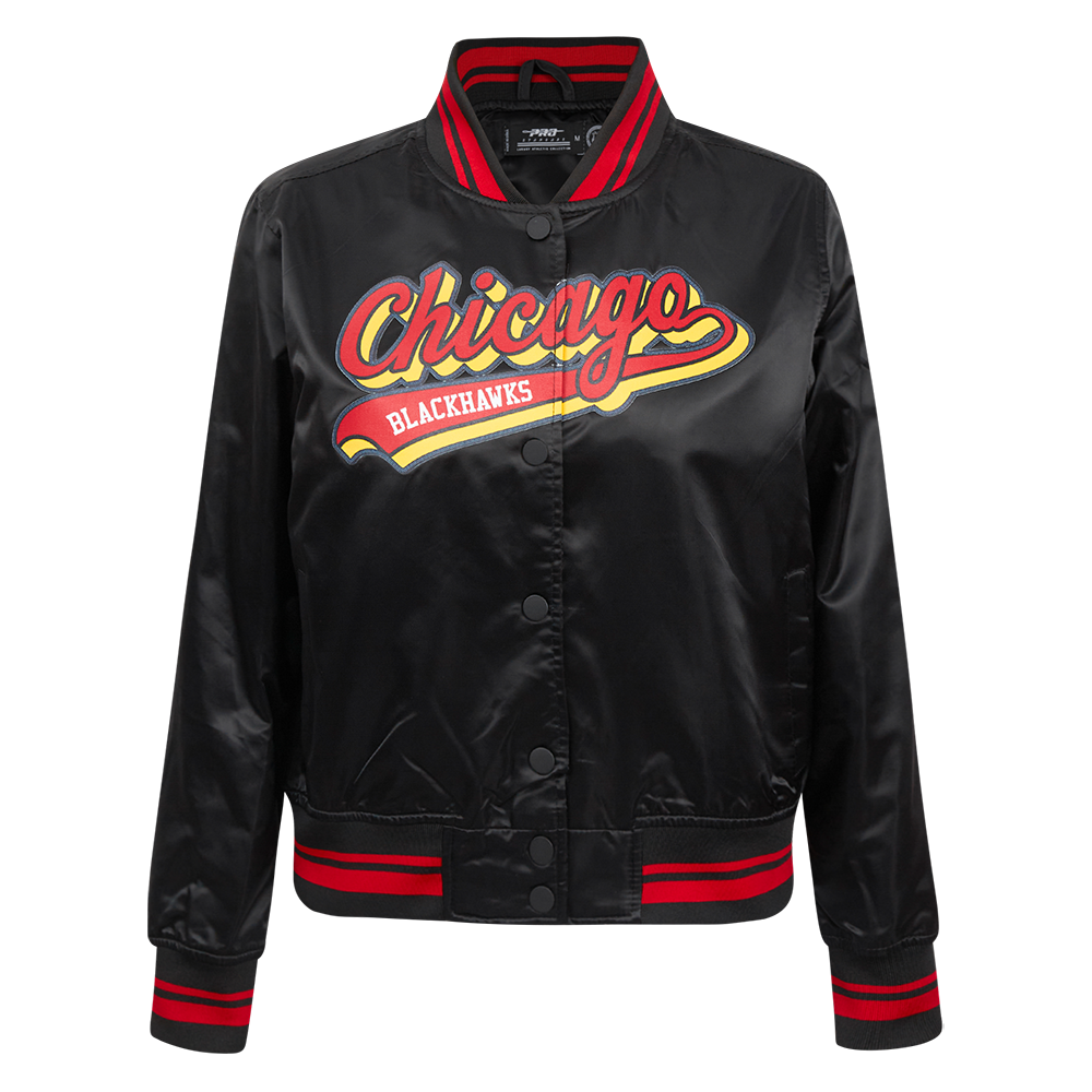 CHAMARRA DE SATÉN NHL CHICAGO BLACKHAWKS SCRIPT TAIL PARA MUJER