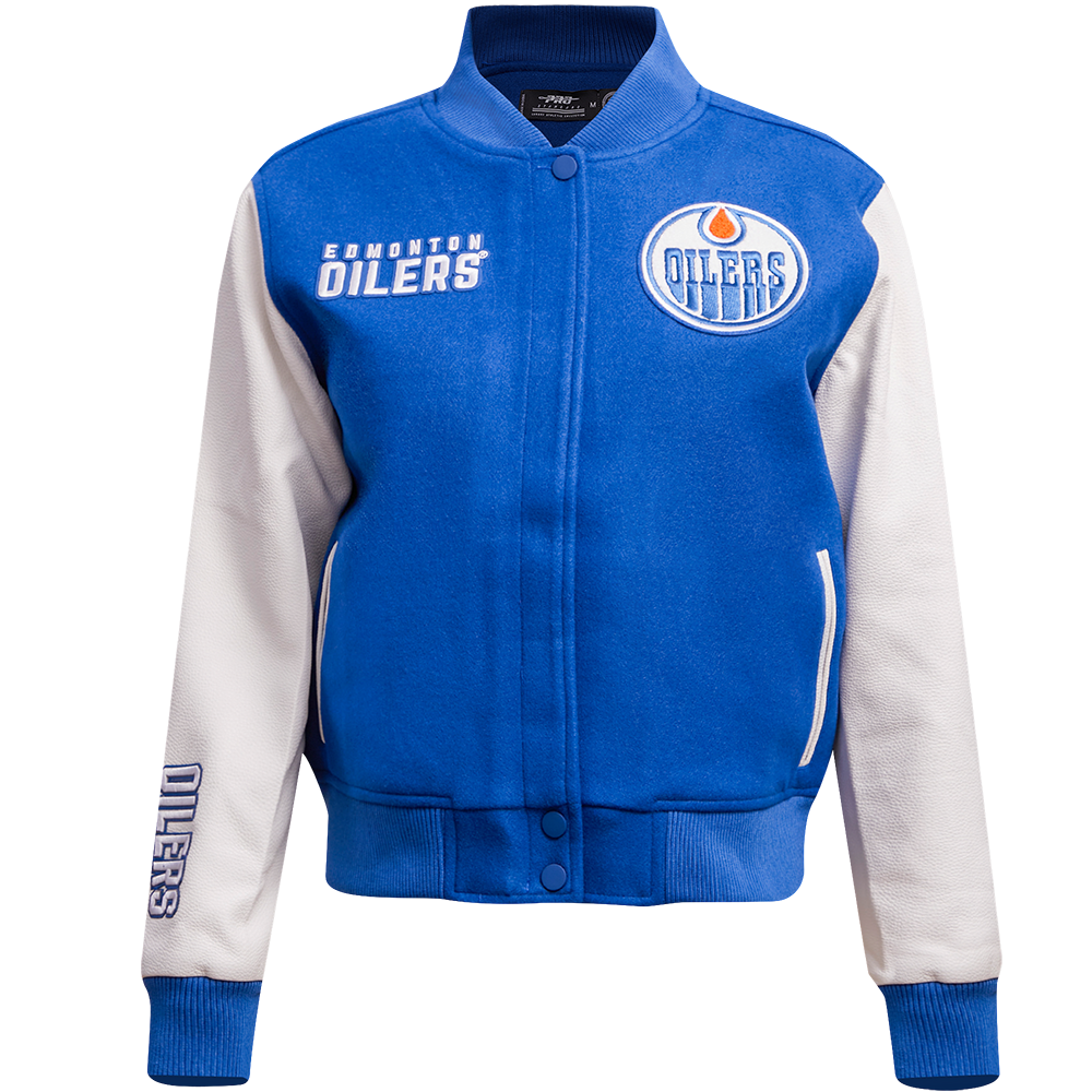 CHAMARRA UNIVERSITARIA NHL EDMONTON OILERS CLASSIC CHENILLE PARA MUJER