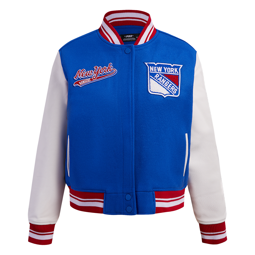 CHAMARRA UNIVERSITARIA NHL NEW YORK RANGERS SCRIPT TAIL PARA MUJER